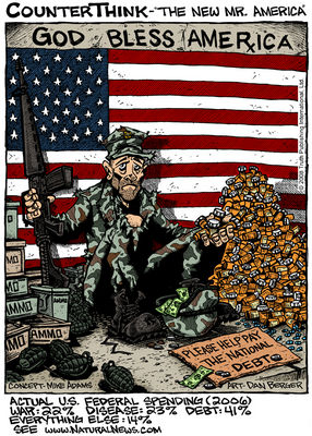 cartoon on new Mr. America debt, disease, war