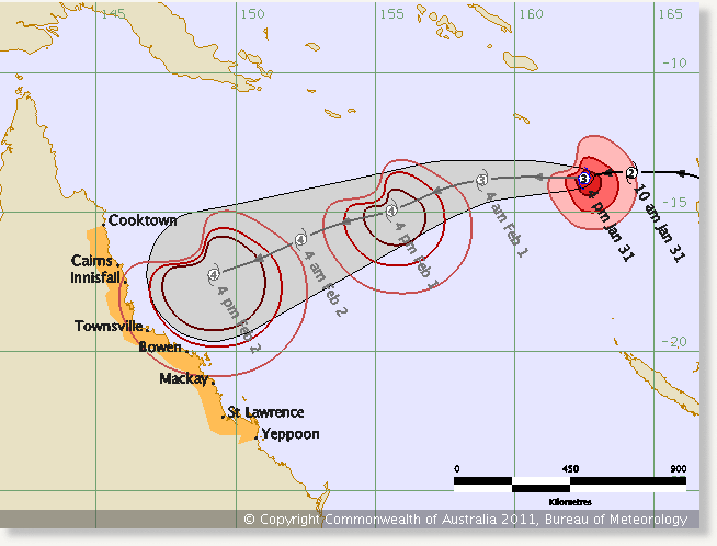 Cyclone Yasi's predicted path. The state of Queensland, still reeling from 