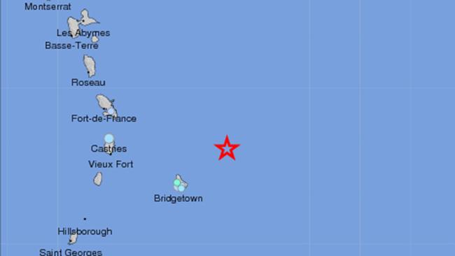 The epicenter of Thursday's earthquake off the coast of Barbados