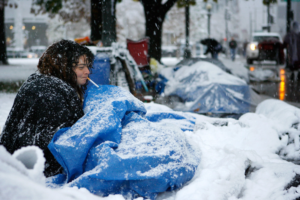 homeless woman in snow