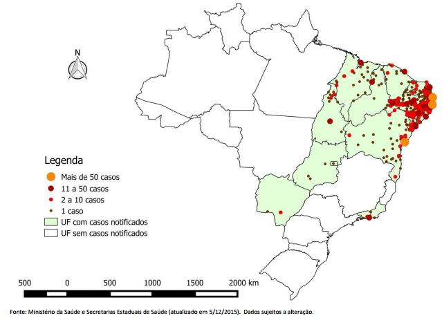 Map showing the concentration of suspected Zika-related cases of microcephaly in Brazil.