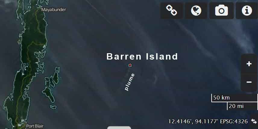 Click to enlarge Steam / ash plume and thermal hot spot at Barren Island on 1 Feb 2016
