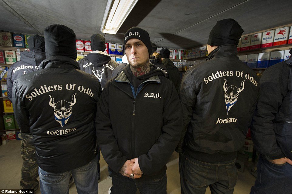 Members of the Soldiers of Odin in Joensuu, Finland