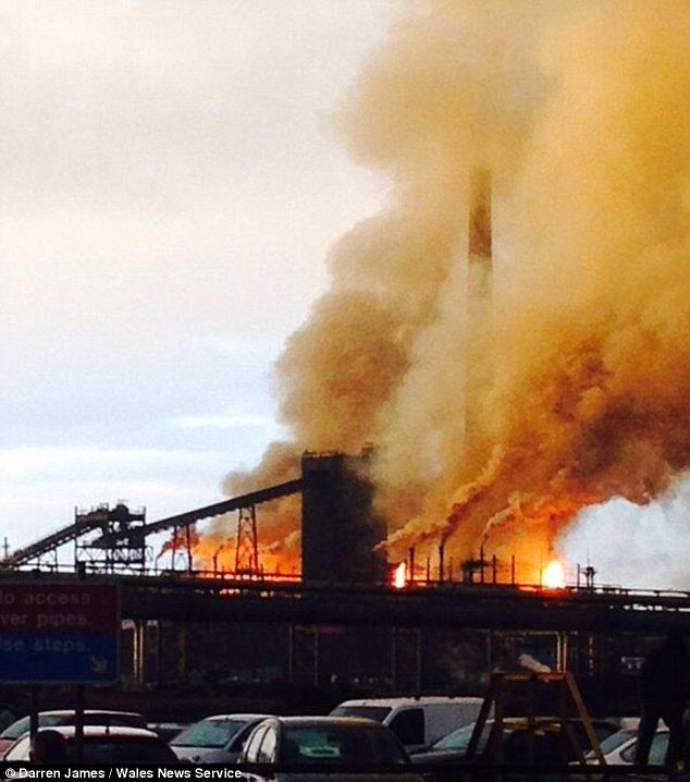Fire crews from Mid and West Wales Fire Service were called to the Tata Steel plant in Port Talbot, Wales, around 8am, after a blaze ripped through the site 