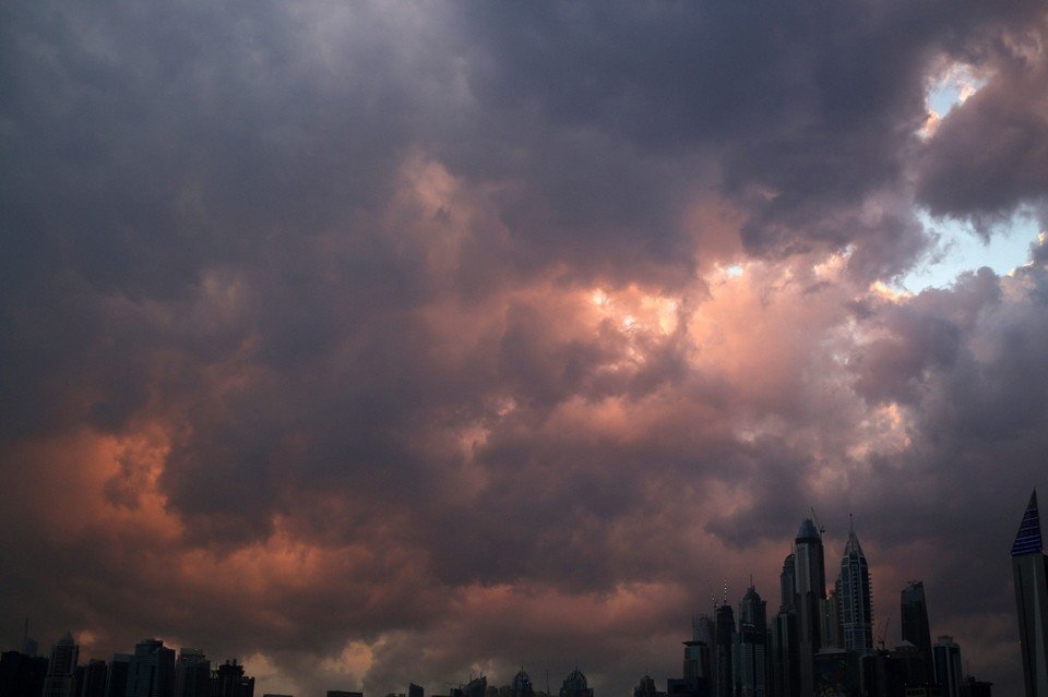 A thunderstorm passes over the Dubai Marina and Jumeirah Lake Towers neighborhoods of Dubai.
