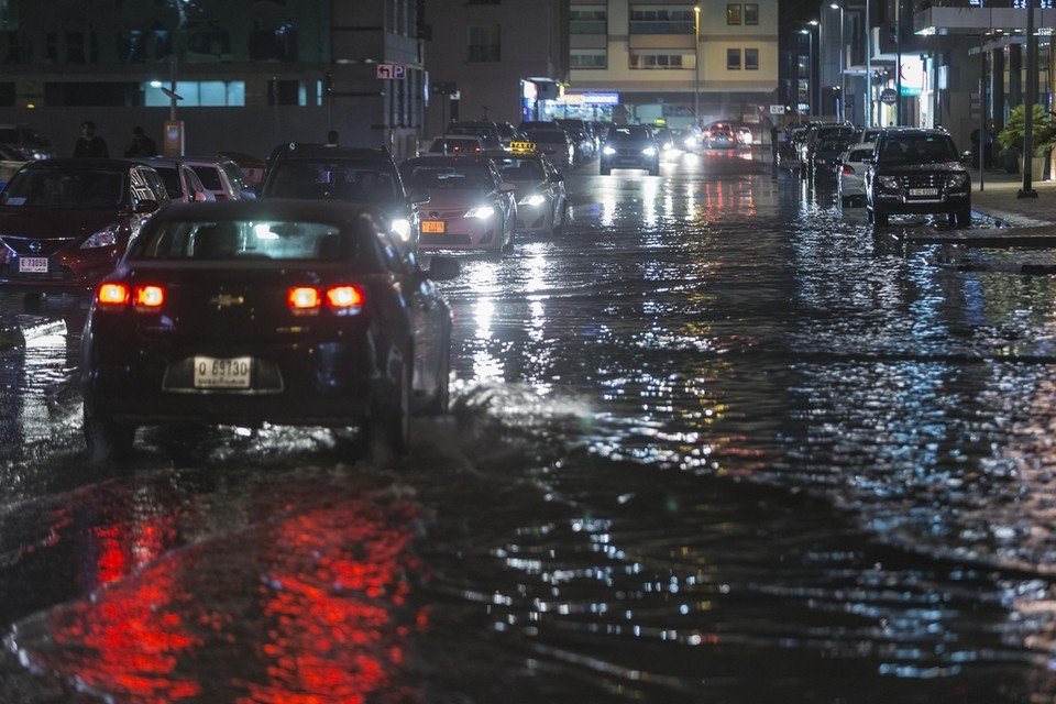 A street floods in Al Barsha near Mall of the Emirates in Dubai. 