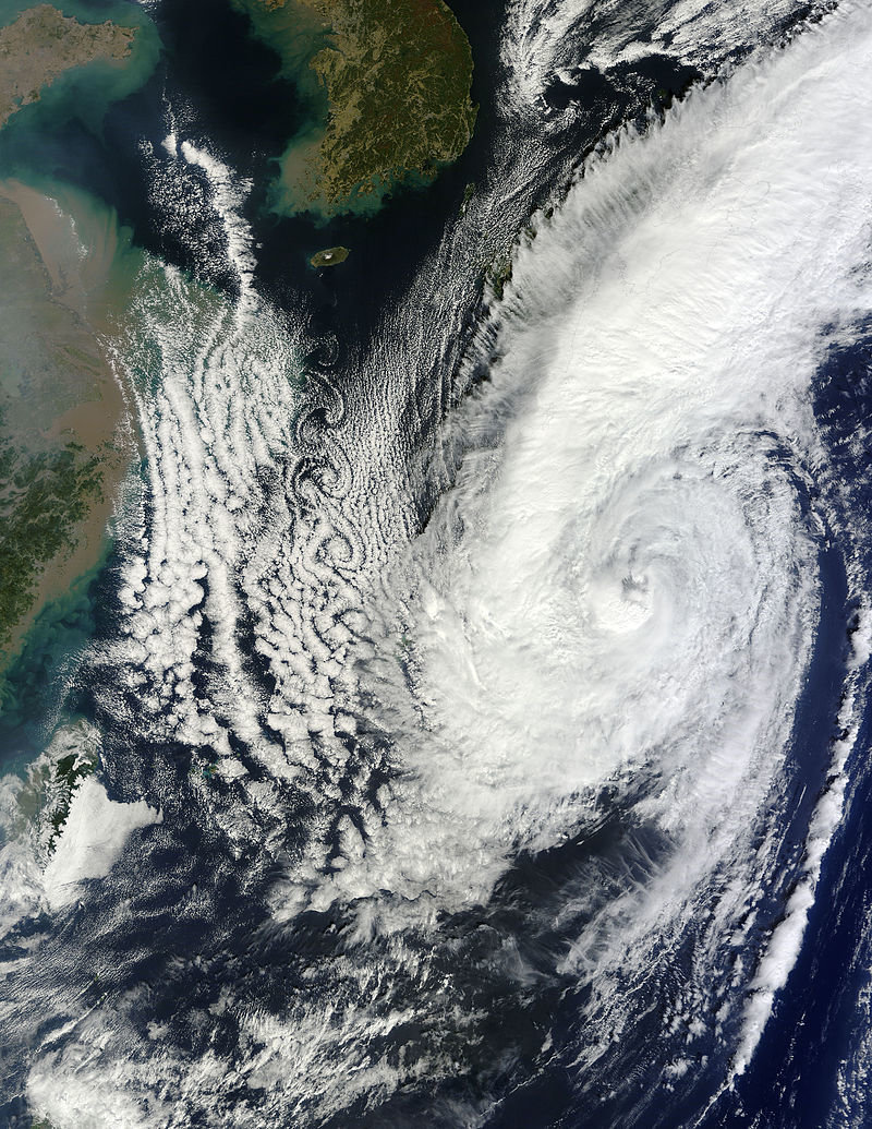Von Karman vortices captured via satellite on Feb. 25, 2016, south of Jeju Island. 