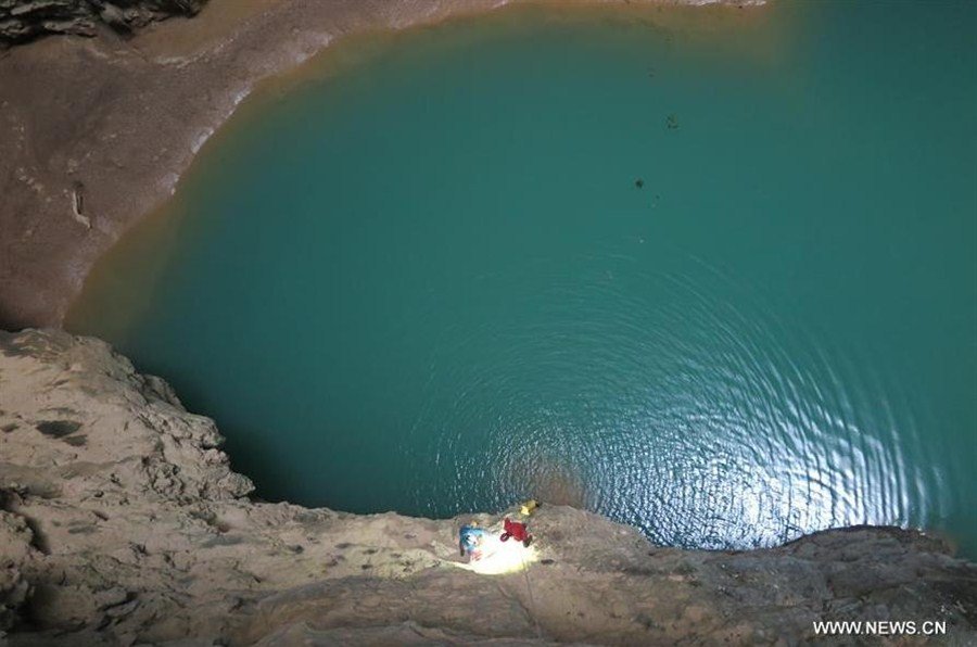 Photo taken on March 3 shows groundwater found at a huge doline in Donglan County, Hechi City of south China's Guangxi Zhuang Autonomous Region.