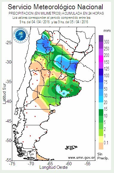 Rainfall map for Argentina 04 to 05 April 2016. 