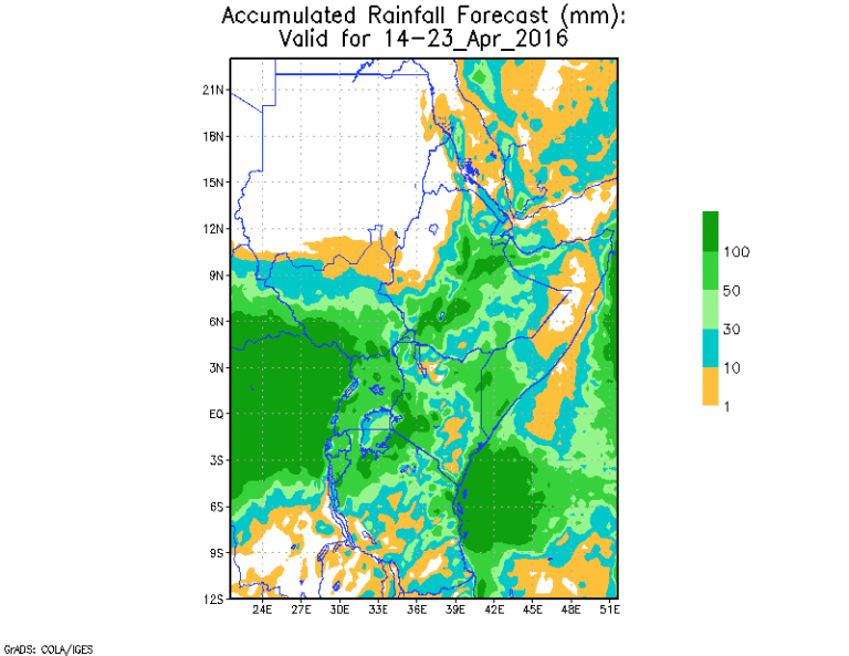 Cumulative rainfall forecast for between 14 to 23 April 2016 . 