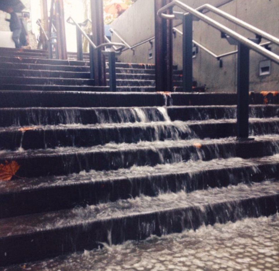 The stairs for multi-arts centre Carriageworks located in Sydney turned into a waterfall from the downpour