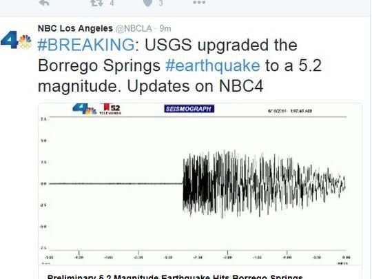 A tweet from Los Angeles television station KNBC shows how the quake looked on a seismograph