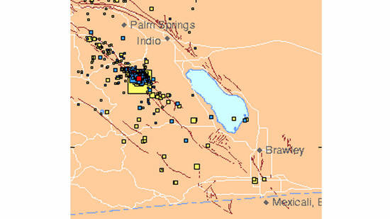 Small boxes on a U.S. Geological Survey map represent the epicenters of aftershocks from Friday's magnitude 5.2 earthquake, signified by the larger yellow box. 