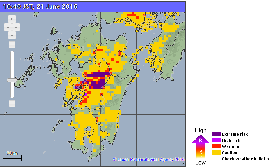 Areas at risk of landslides after torrential rain in southern Japan, 21 June 2016.