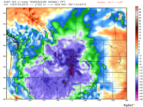 Temperature difference from normal predicted by GFS model at 11 a.m. western time Monday 