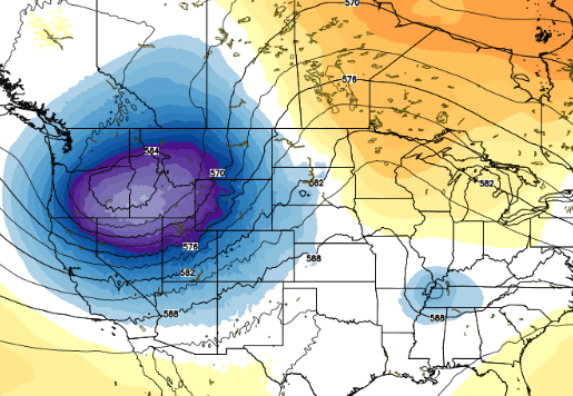 GFS model forecast of high altitude weather pattern shows deep area of low pressure at 18,000 feet (500 mb) late Sunday. 