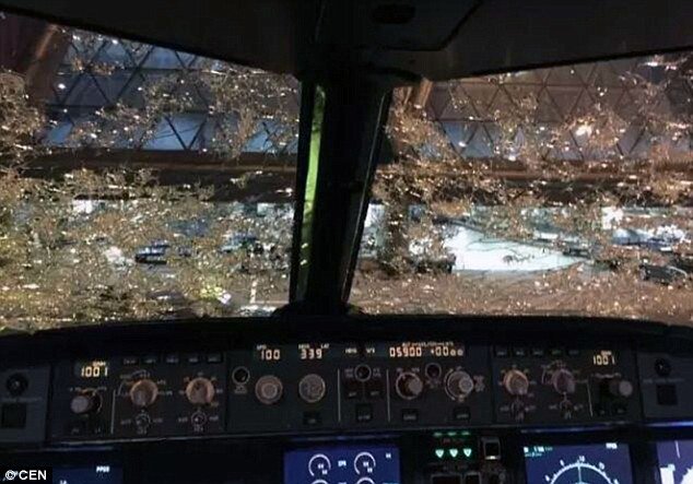 Both windshields of the China Southern Airlines plane were severely damaged during a hail storm as it descended towards its destination of Chengdu