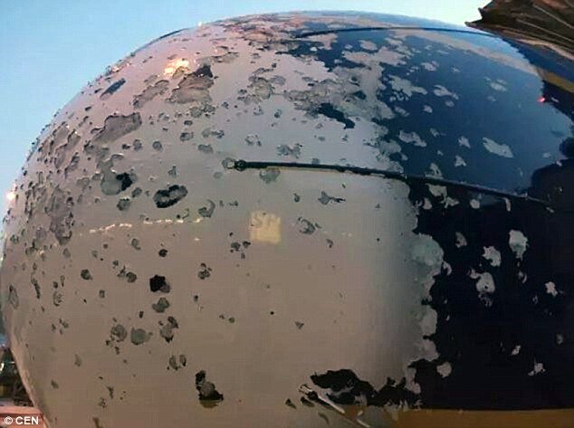 The nose of the plane had most of its paint stripped off by the hailstones with the metal bodywork showing