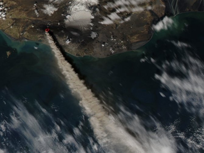 Eyjafjallajokull Volcano's ash plume as seen from NASA's Aqua satellite on May 10, 2010