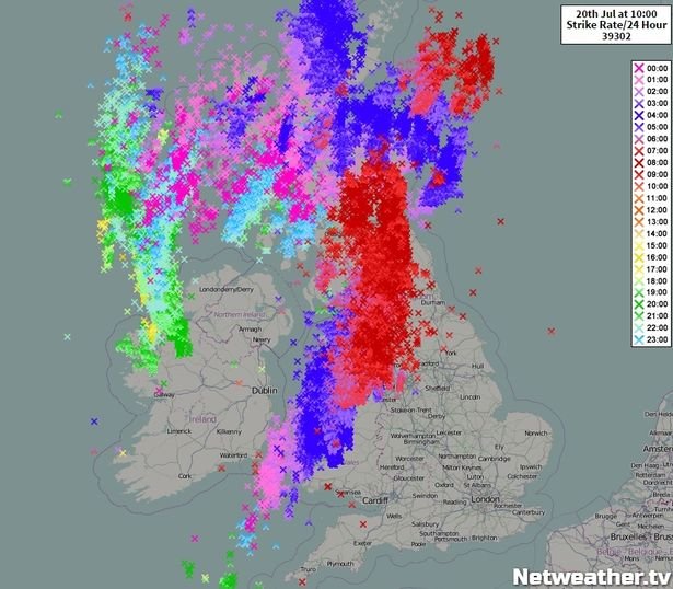 Scotland is almost invisible due to the lightning strikes 