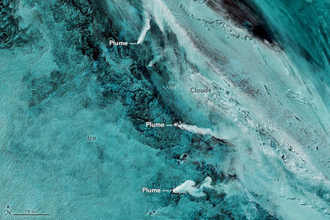 On Sept. 29, 2016, the Moderate Resolution Imaging Spectroradiometer on NASA’s Aqua satellite captured this false-color image showing volcanic activity in the South Sandwich Islands.