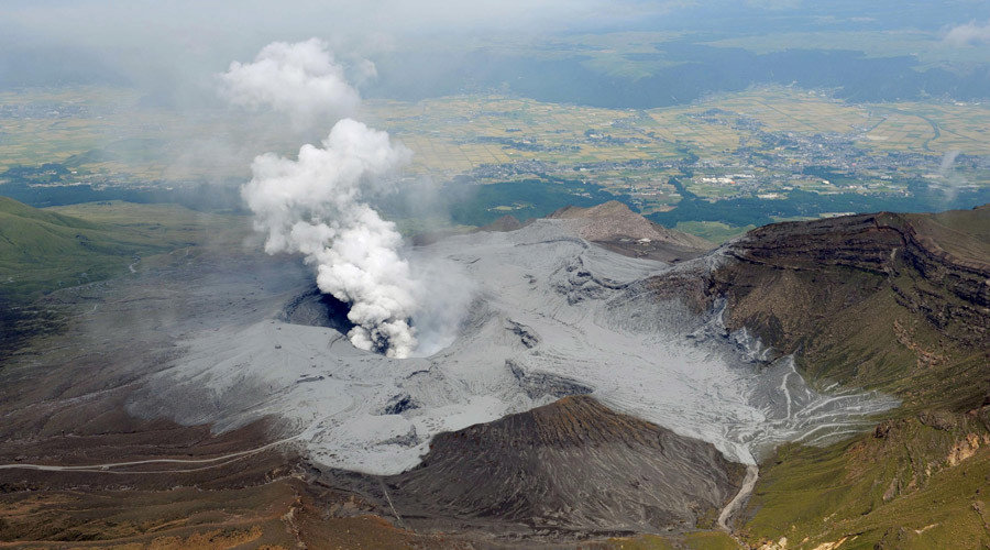 An aerial view shows volcanic ash around the eruptive crater of Mount Aso in Aso, Kumamoto prefecture, southwestern Japan