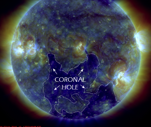 NASA's Solar Dynamics Observatory took this picture on Oct. 13th. It shows the dark coronal hole pointing almost directly at Earth
