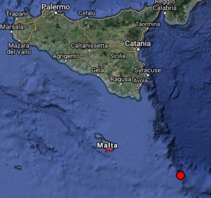 The tremor (red dot) was recorded some 151km east of Malta
