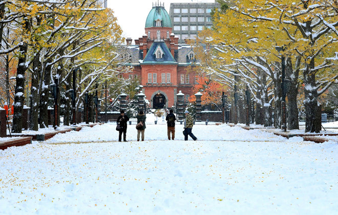 Snow covers an avenue leading to the former Hokkaido government headquarters, a popular tourist destination in central Sapporo, on Nov. 6. 