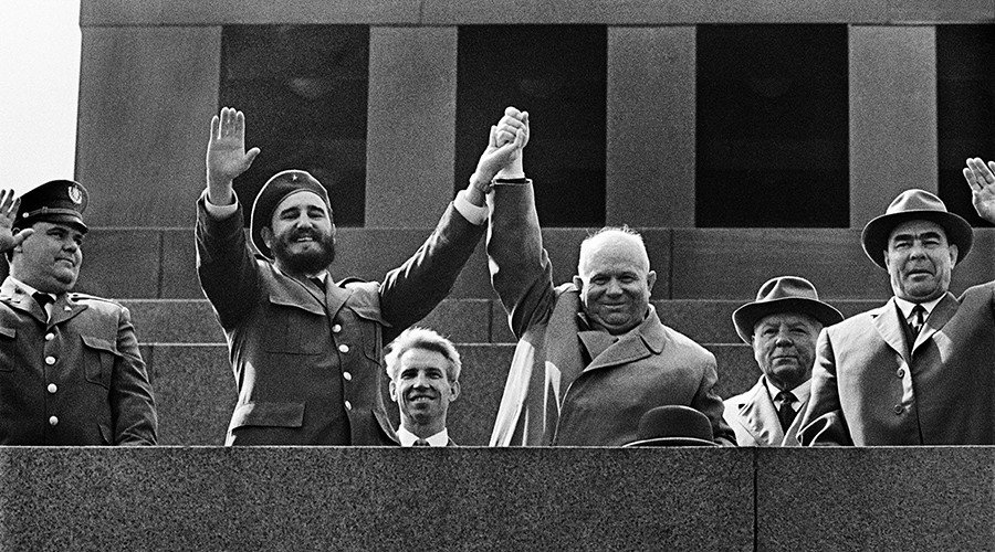 Cuban leader Fidel Castro and Chairman of the USSR Council of Ministers Nikita Khrushchev at the rostrum of the Lenin Mausoleum. Next to them: Kliment Voroshilov and Leonid Brezhnev. Moscow, 1963