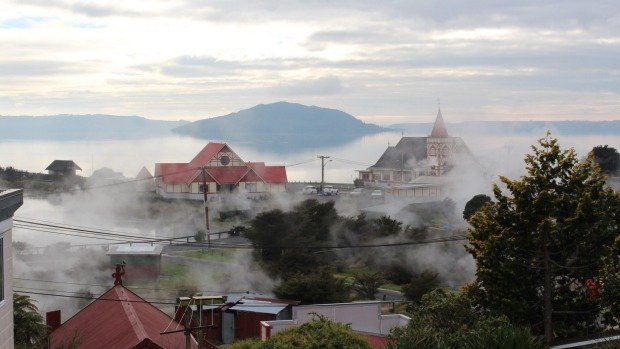 The geyser was seen from Ohinemutu Village, pictured.
