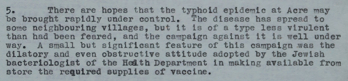 Hagana biological warfare and the “obstructive” attitude of the bacteriologist. Extract from telegram No. 1293, from High Commissioner Cunningham, “dispatched 1900 hrs. 8.5.48”, marked “IMMEDIATE. SECRET”