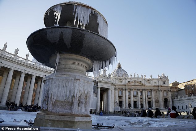 Icicles on a fountain in St. Peter's Square