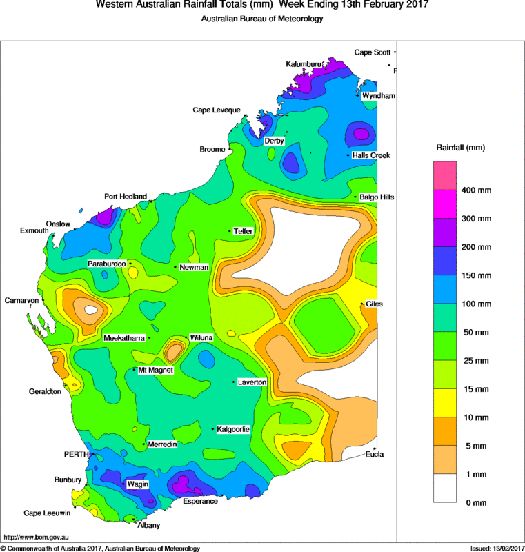 Rainfall in Western Australia, 6 to 13 February. 