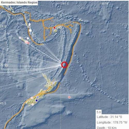 The map showing the epicentre of the 5.6 magnitude earthquake that occurred in the Kermadec Islands region in New Zealand.