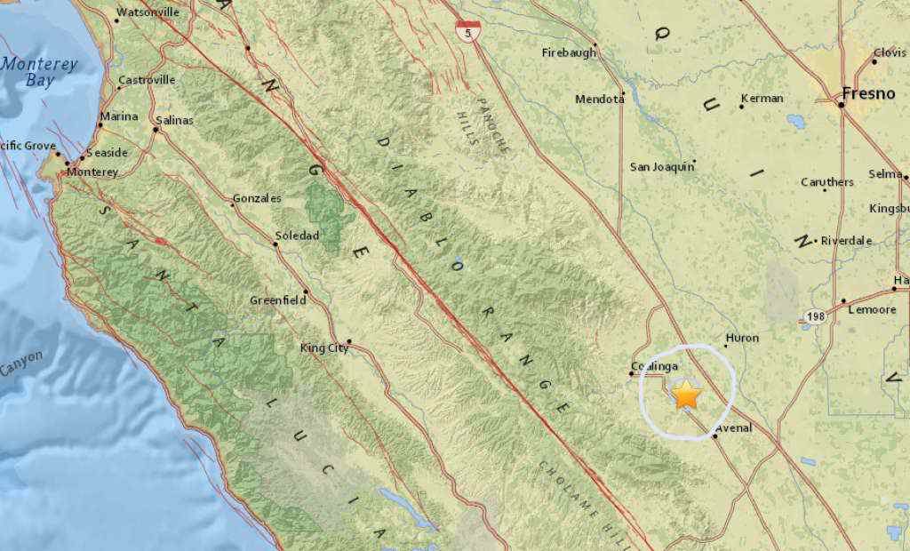 earthquake map of Avenal, California