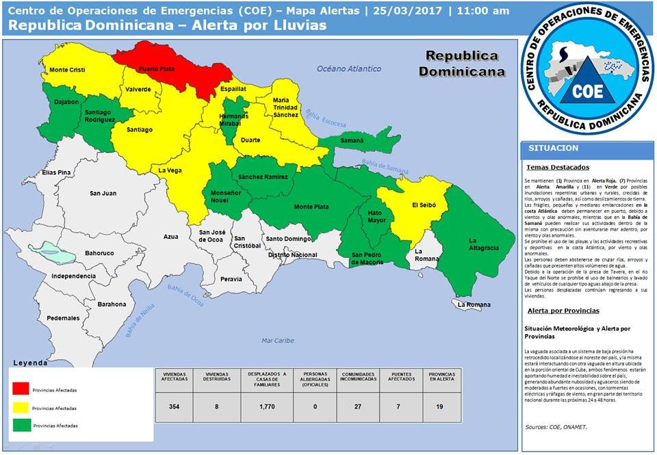 Weather alerts in the Dominican Republic, 25 March 2017. 