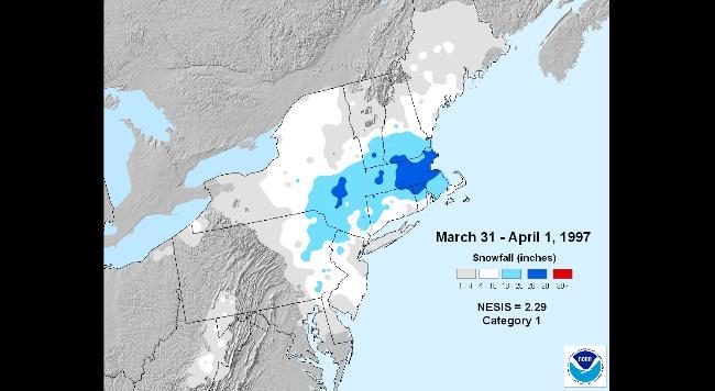 Snowfall accumulation map from Mar. 31- Apr. 1, 1997.