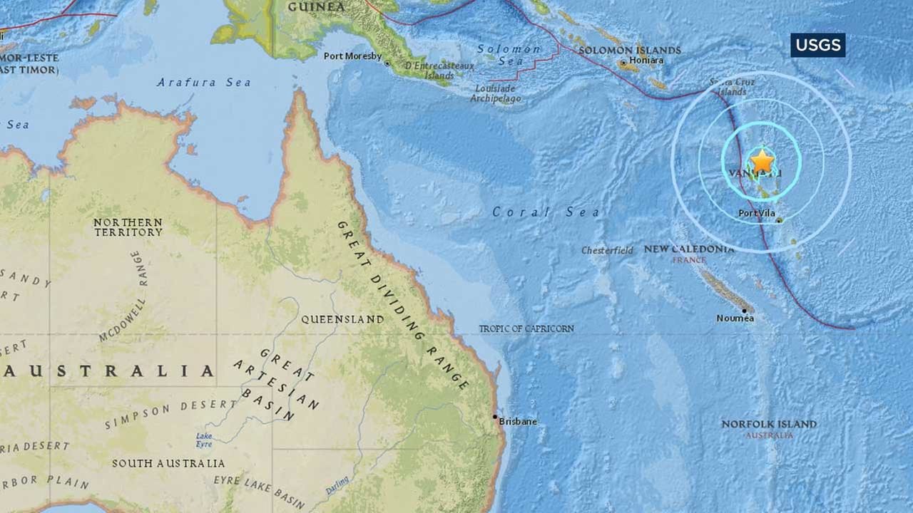 This map from the U.S. Geological Survey shows the location of a large earthquake that struck off the island nation of Vanuatu. 