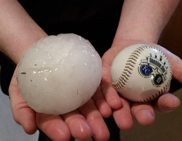 Click to enlarge Hail larger than baseballs in Adrian, Missouri