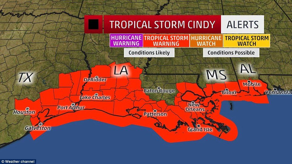 A tropical storm warning was issued from Texas to Alabama, and Florida could be hit with heavy rain as well  