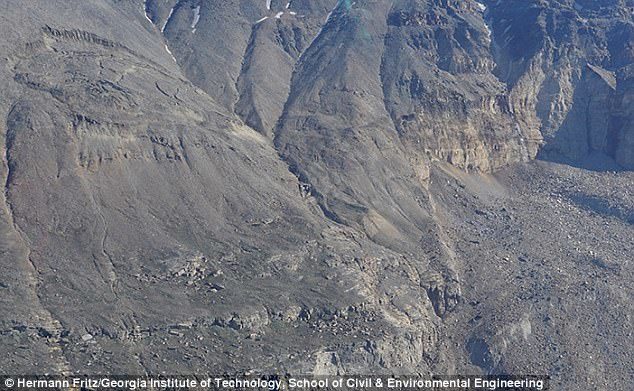 According to the researchers, the scarring stretches a full kilometer up the slopes of the fjord. This can be seen on the right side of the image above