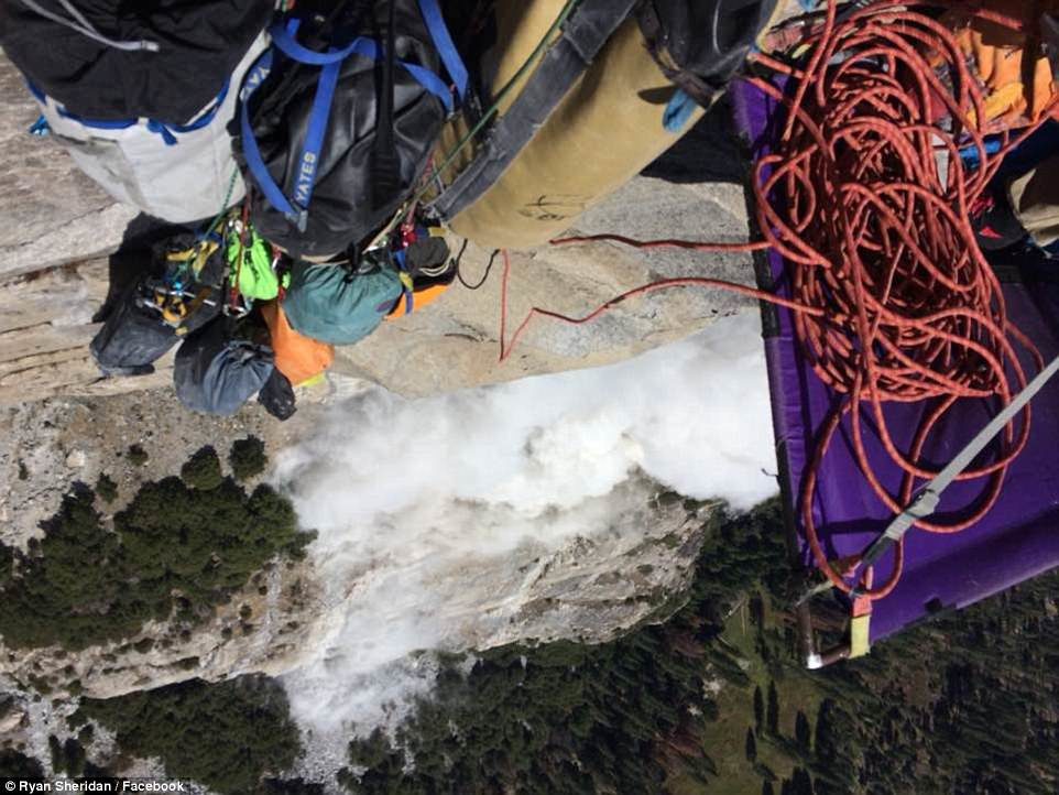 Terrifying: Climber Ryan Sheridan posted this image of the moment hundreds of tons of rock hurtled past him while he was 2,000ft up El Capitan in Yosemite and killed one person below