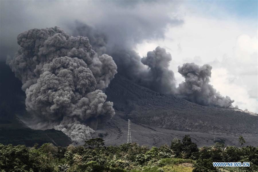 Mount Sinabung volcano spews volcanic ash in Karo, North Sumatera, Indonesia, on Dec. 18, 2017.