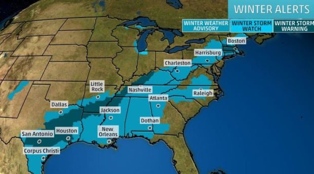 Winter storm warnings US South
