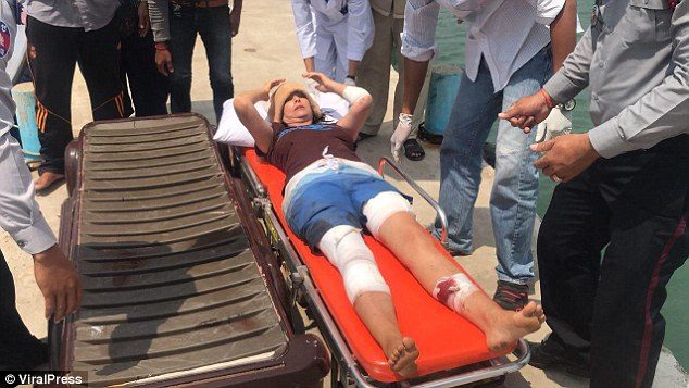 The reception teacher was stretchered into a waiting ambulance, and taken to hospital in Sihanoukville for treatment