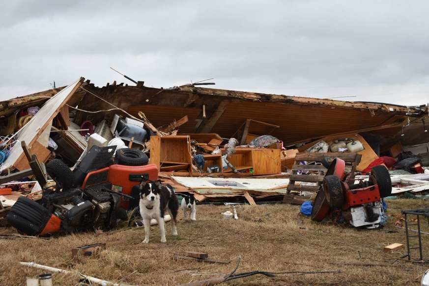 A mobile home is seen destroyed after a tornado struck an area outside Joshua, about 20 miles (32 kilometers) south of Fort Worth, Texas, Tuesday, Feb. 20, 2018.