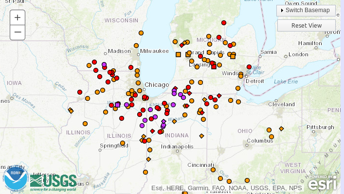 Rivers above flood stages in Midwest USA, as of 22 February, 2018. Purple – major flood stage; Red – moderate flood stage; Orange – minor flood stage.