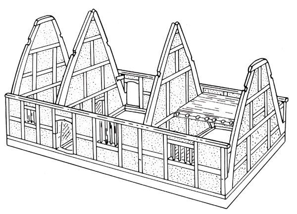 A typical Midlands cruck house, showing pairs of cruck blades rising from the sill beam at ground level to the apex of the roof in one sweep. The centre bay is an open hall, with service bay to the left and a two-storeyed chamber bay to the right.