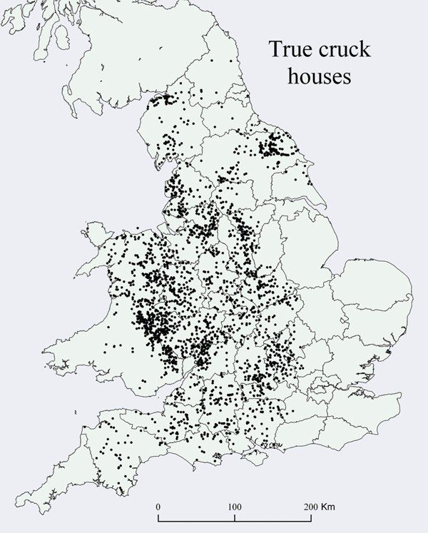 This map shows the location of all 3,086 known examples of cruck-built houses in England and Wales, showing a marked westerly distribution, and an unexplained absence of such structures in many of the easternmost counties of England.
